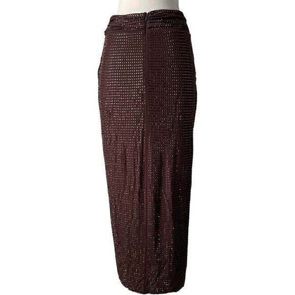 Self-Portrait Rhinestone Midi Skirt Brown Crystal Draped Front Size 4 - Picture 4 of 8